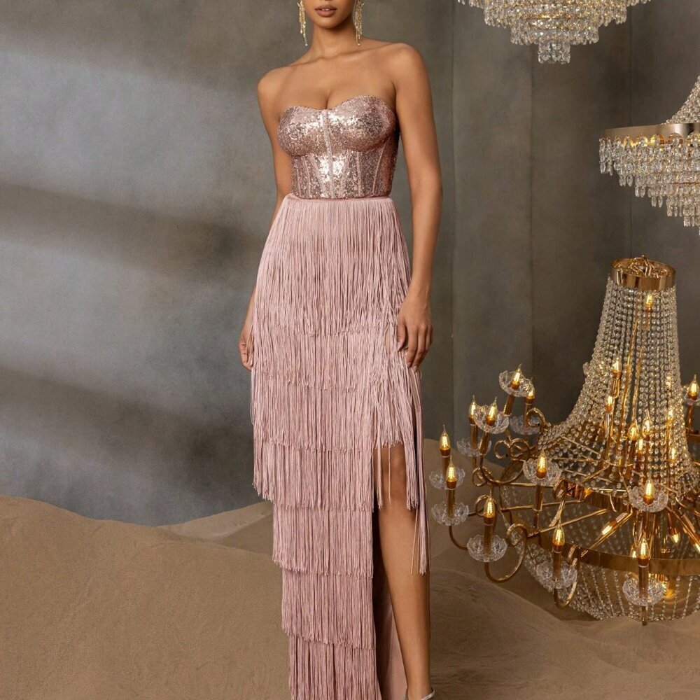 Elegant Women's Sequin Strapless Gown With Multi-Layer Fringed Skirt - Picture 3 of 10